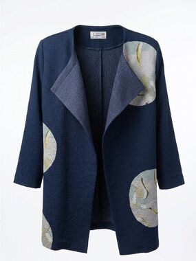 Open-Front Navy Women’s Sweater Cardigan with Subtle Circle Motif